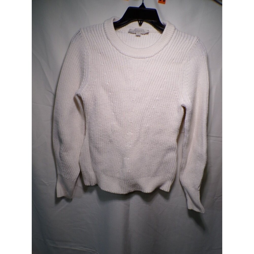 LOFT Women's Ivory Ribbed Knit Crew Neck Pullover Sweater Small S